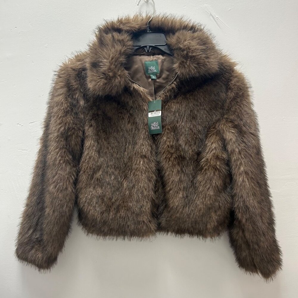 K-153 Wild Fable Women's XS Faux Fur Cropped Jacket Brown Winter Coat